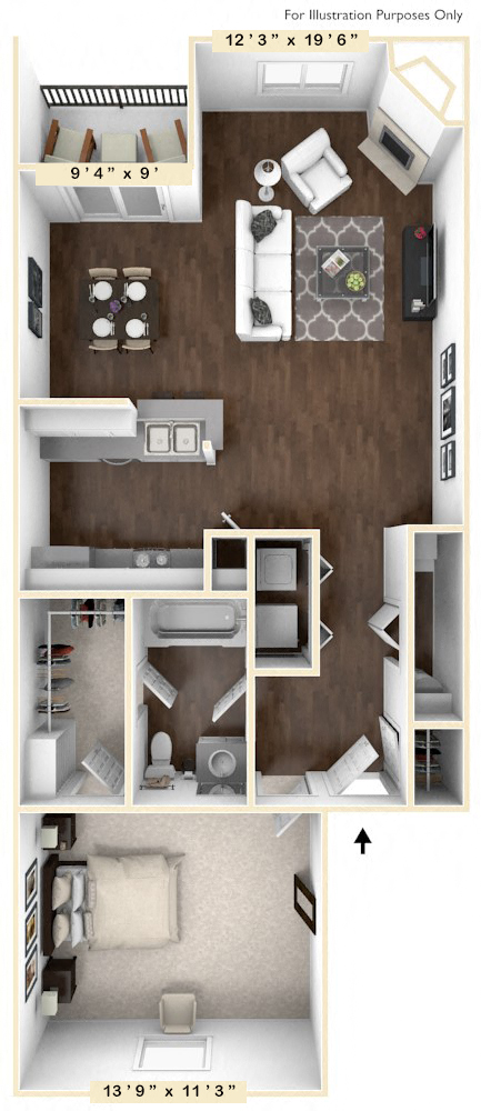 Floor plan for 1 bed, 1 bath, 773 sqft